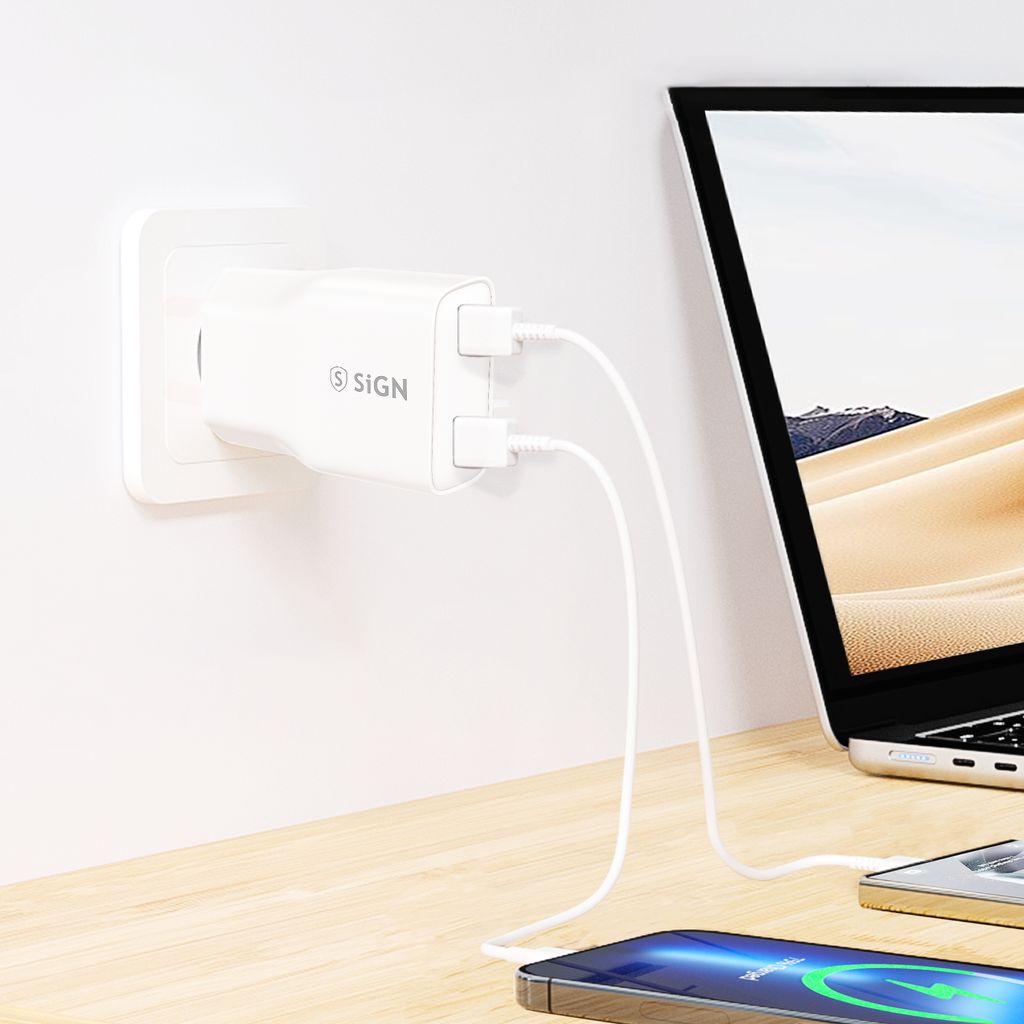 SiGN GaN Snabbladdare 2x USB-C, PD & QC3.0, 3A, 20W – Vit