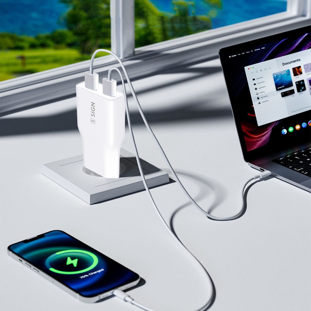 SiGN GaN Snabbladdare 2x USB-C, PD & QC3.0, 3A, 20W – Vit