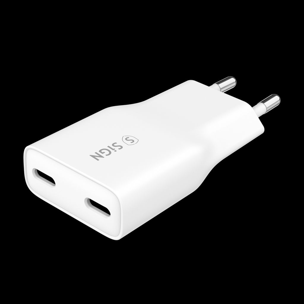 SiGN GaN Snabbladdare 2x USB-C, PD & QC3.0, 3A, 20W – Vit
