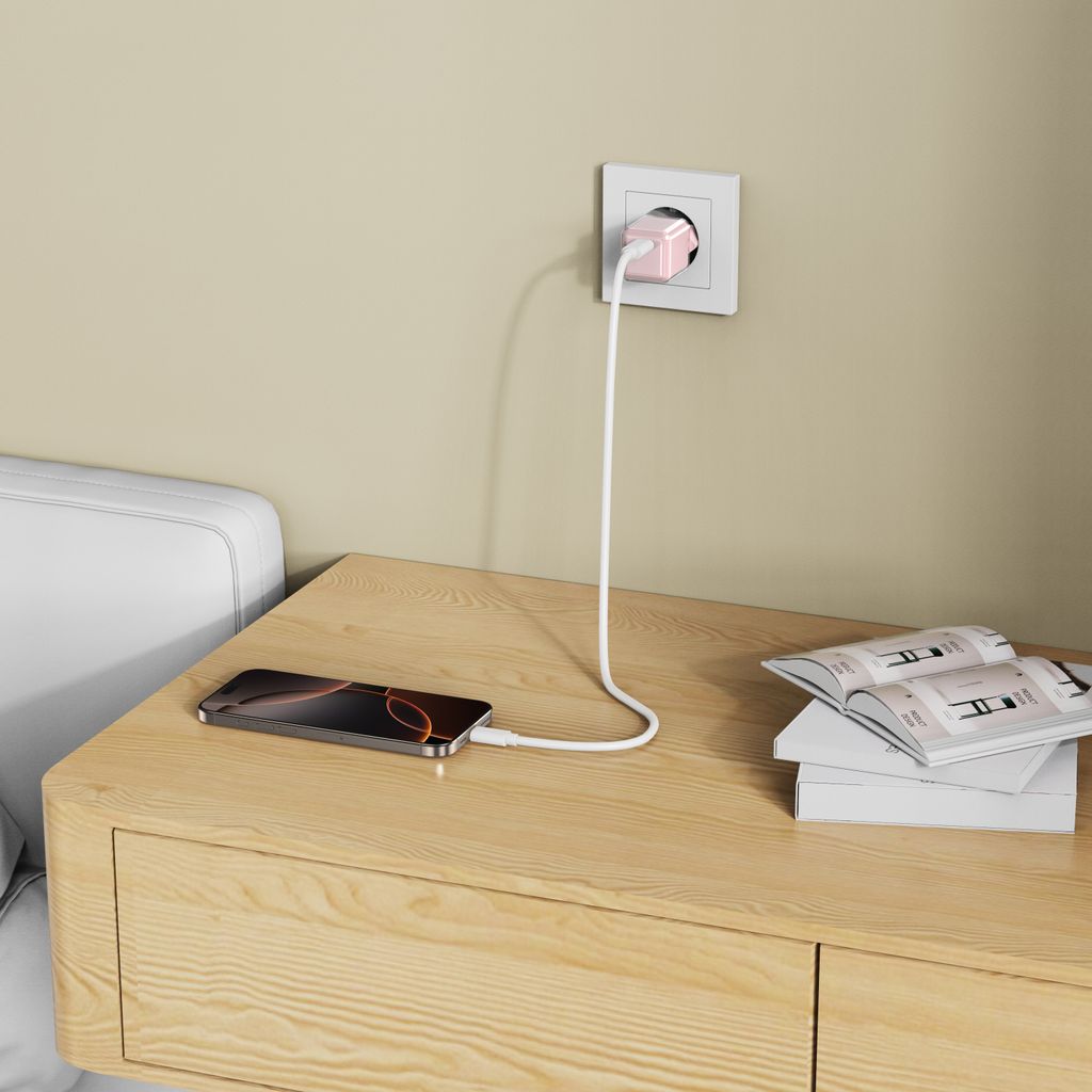20W USB-C Snabbladdare med 60W Kabel för iPhone 15, iPhone 16 & iPhone 17 – Rosa