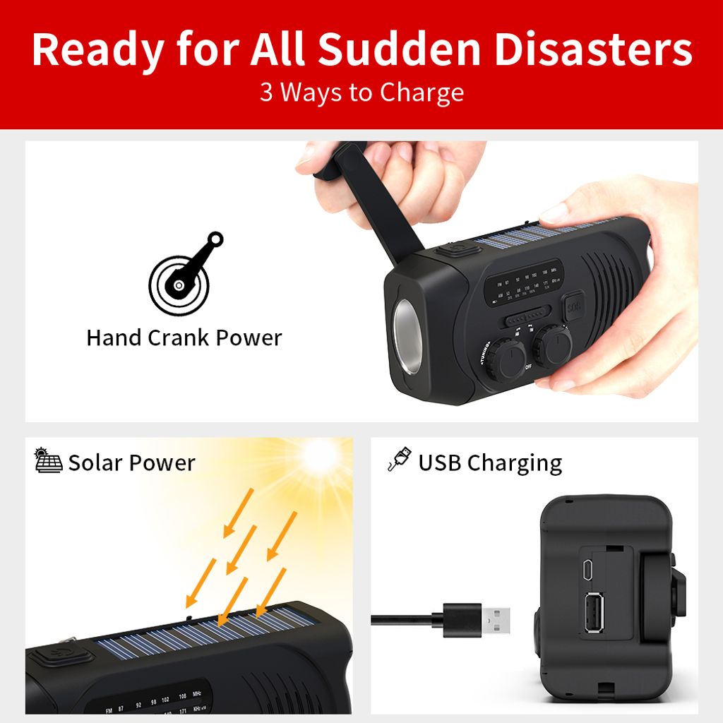 SiGN Vevradio med Solceller, Ficklampa och 2000mAh Powerbank