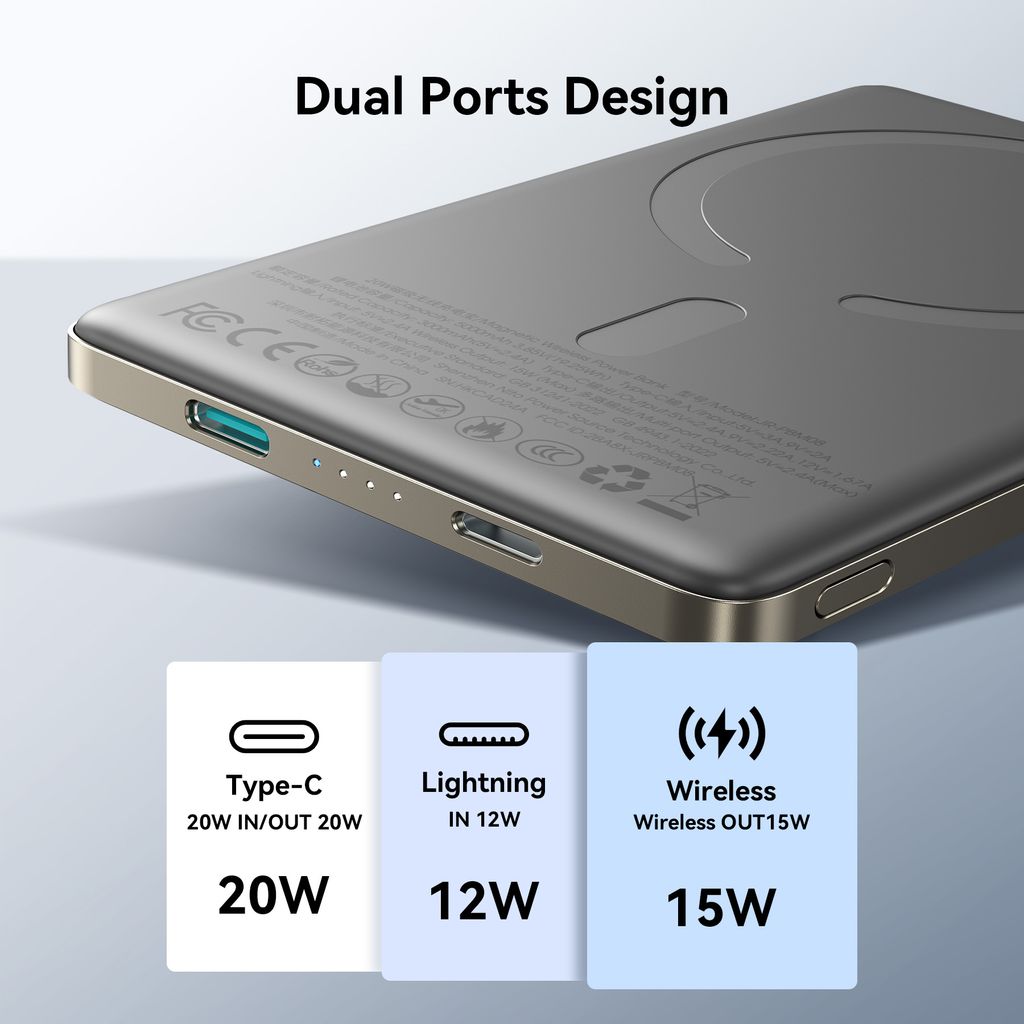 Trådløs magnetisk powerbank til iPhone, 5000mAh - Grå