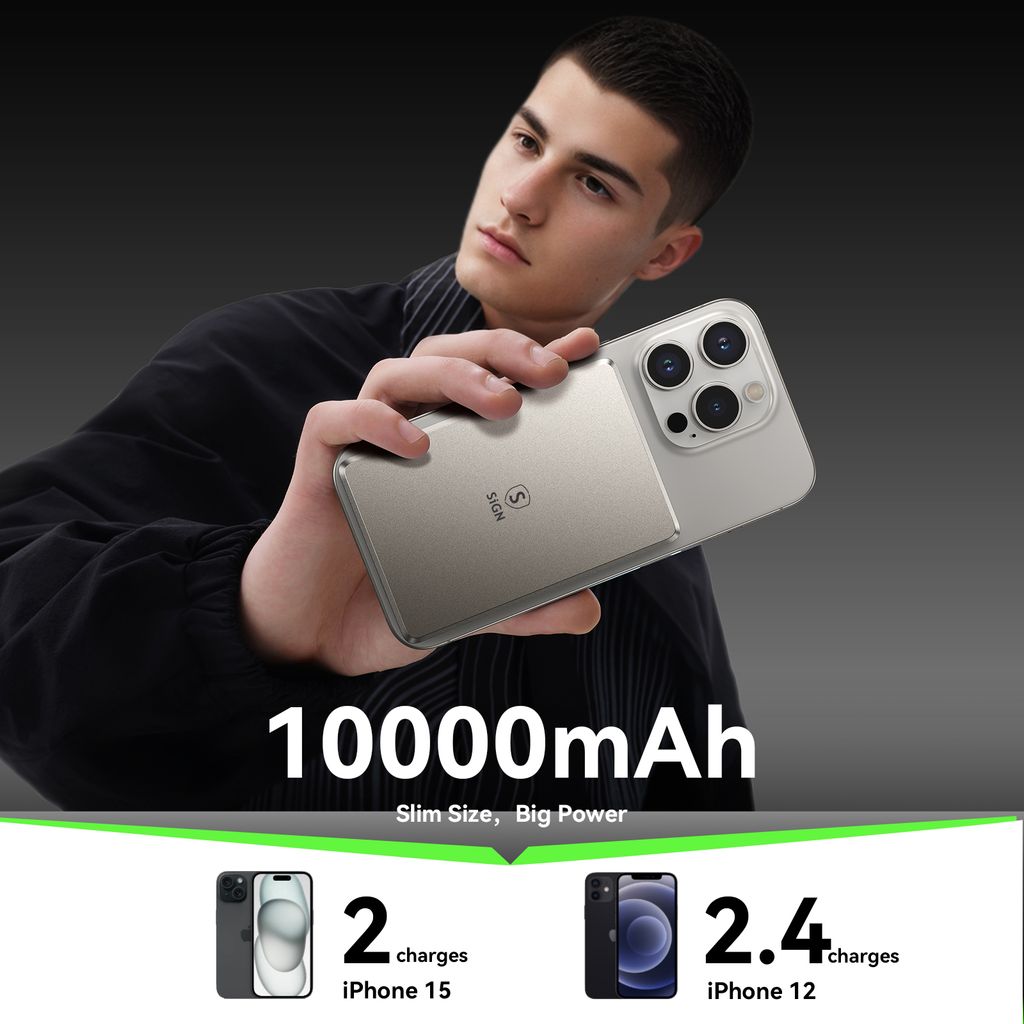 SiGN Ultratunn Magnetisk Powerbank för iPhone 10000mAh, 20W - Titan
