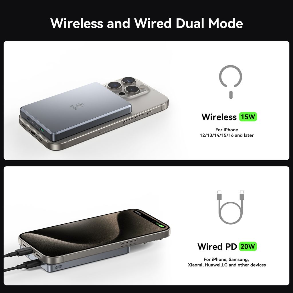 SiGN Ultratunn Magnetisk Powerbank till iPhone 10000mAh, 20W - Grå