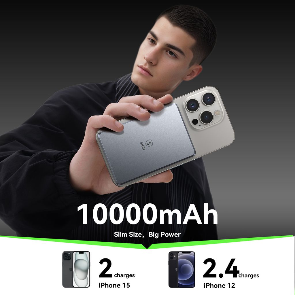 SiGN Ultratunn Magnetisk Powerbank till iPhone 10000mAh, 20W - Grå