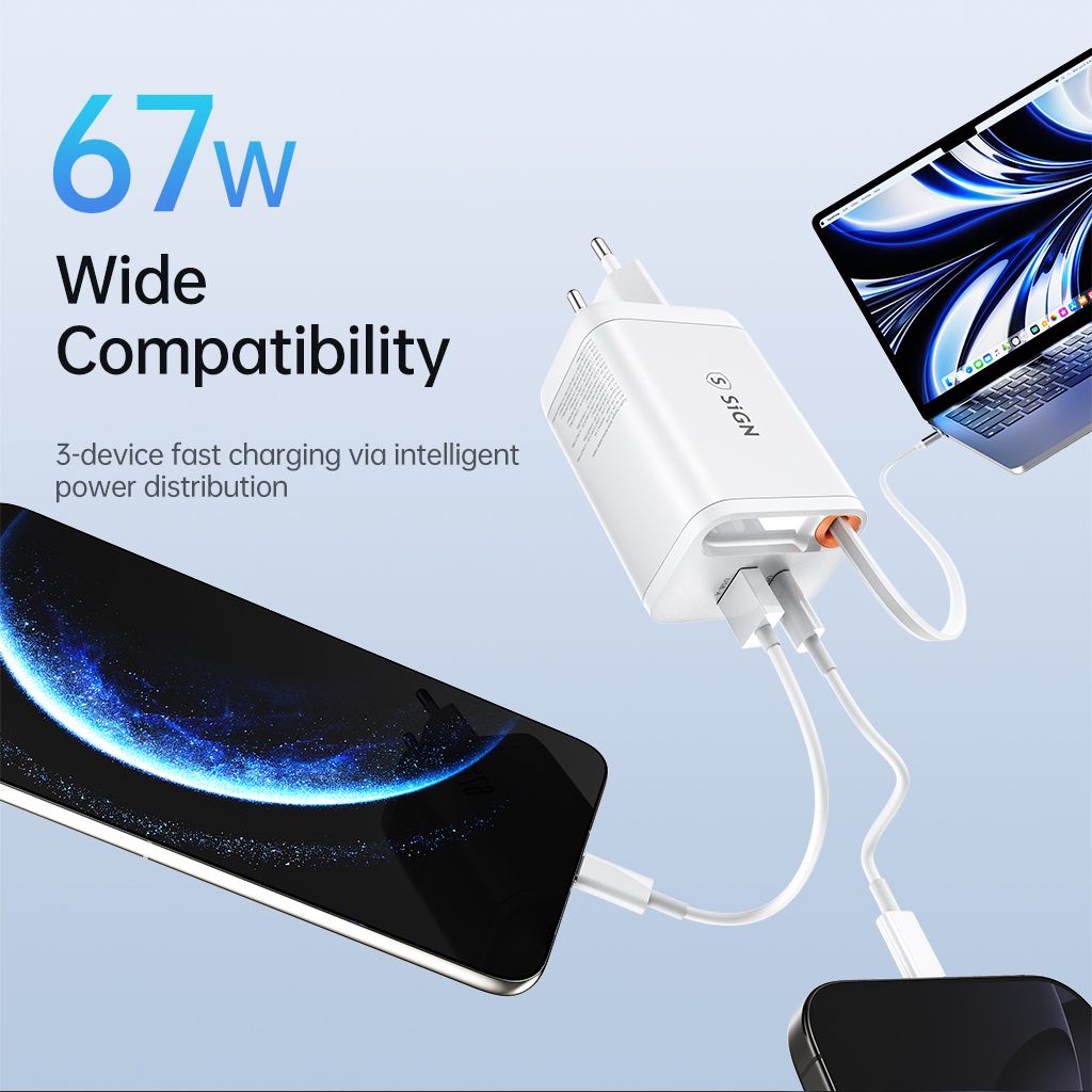 SiGN GaN Hurtigoplader USB-C/USB-A 65W med forlængeligt USB-C-kabel - Hvid
