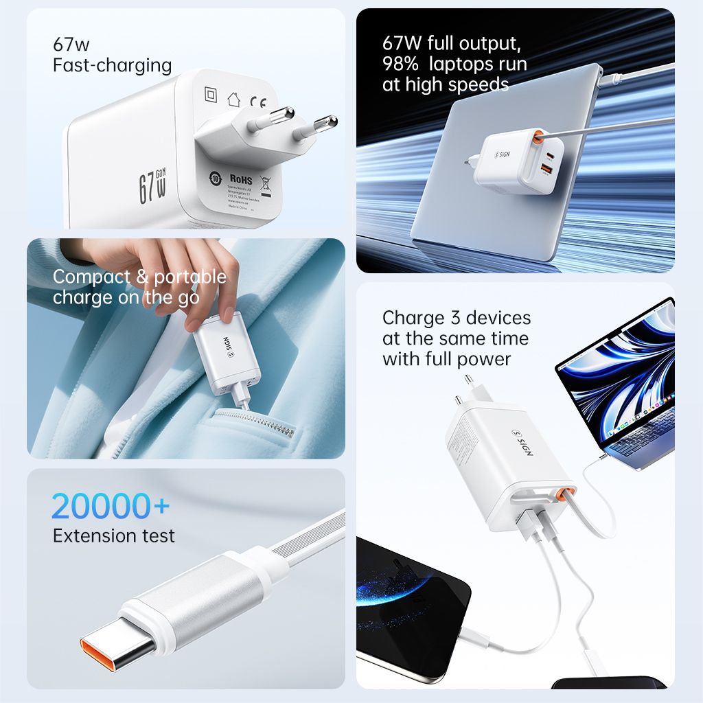 SiGN GaN Hurtigoplader USB-C/USB-A 65W med forlængeligt USB-C-kabel - Hvid