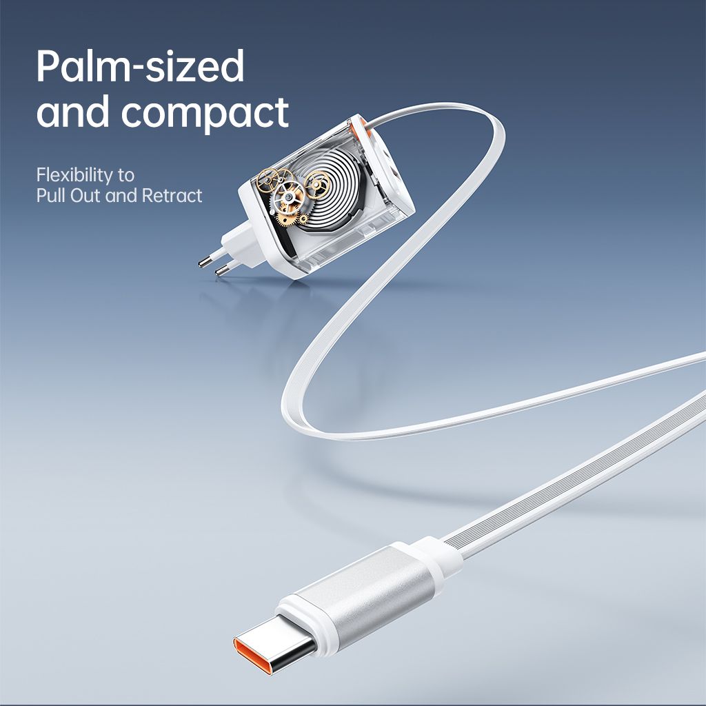 SiGN GaN Hurtigoplader USB-C/USB-A 65W med forlængeligt USB-C-kabel - Hvid