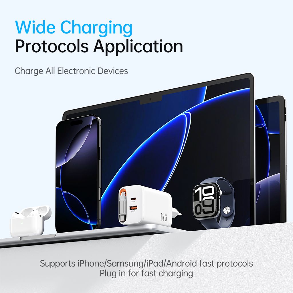 SiGN GaN Hurtigoplader USB-C/USB-A 65W med forlængeligt USB-C-kabel - Hvid