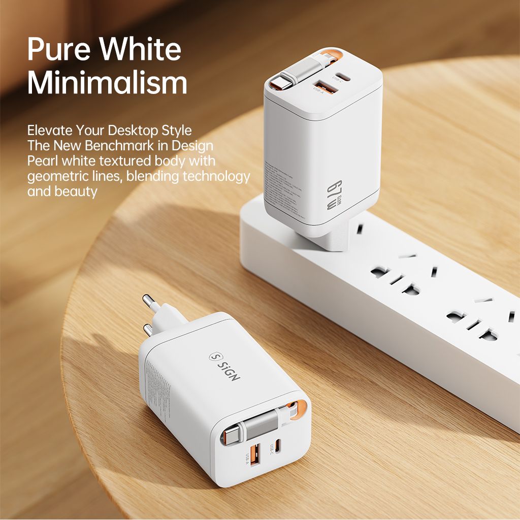 SiGN GaN Hurtigoplader USB-C/USB-A 65W med forlængeligt USB-C-kabel - Hvid