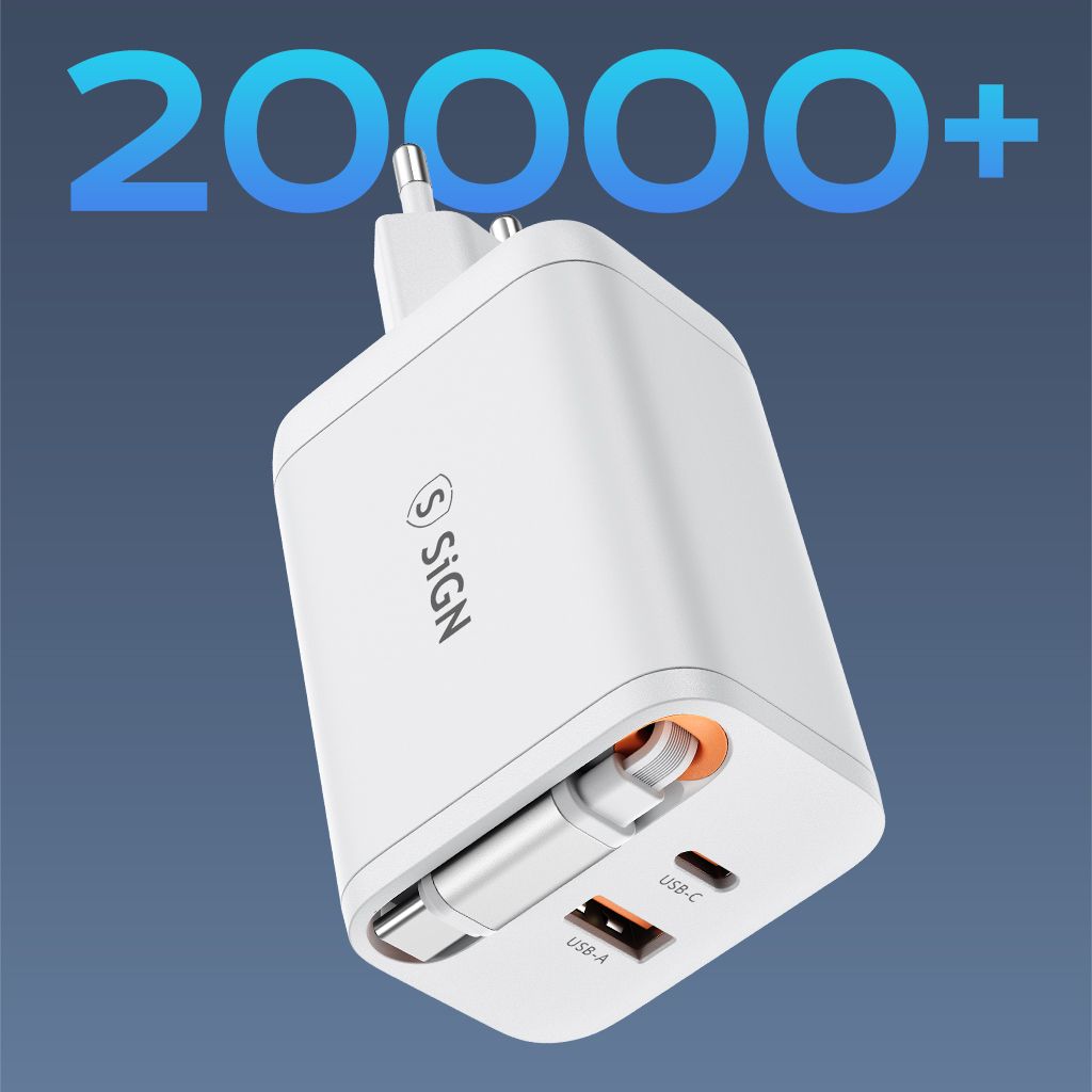 SiGN GaN Hurtigoplader USB-C/USB-A 65W med forlængeligt USB-C-kabel - Hvid