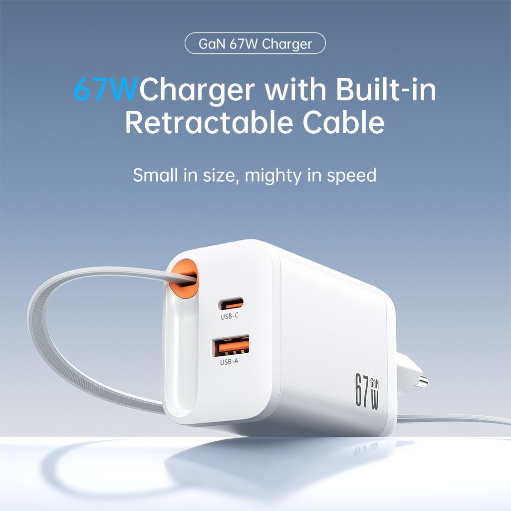 SiGN GaN Hurtigoplader USB-C/USB-A 65W med forlængeligt USB-C-kabel - Hvid