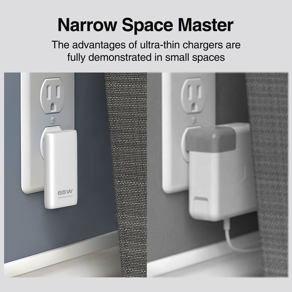 SiGN sammenleggbar ultratynn 65W GaN-lader – USB-C- og Lightning-kabler 2m, hvit
