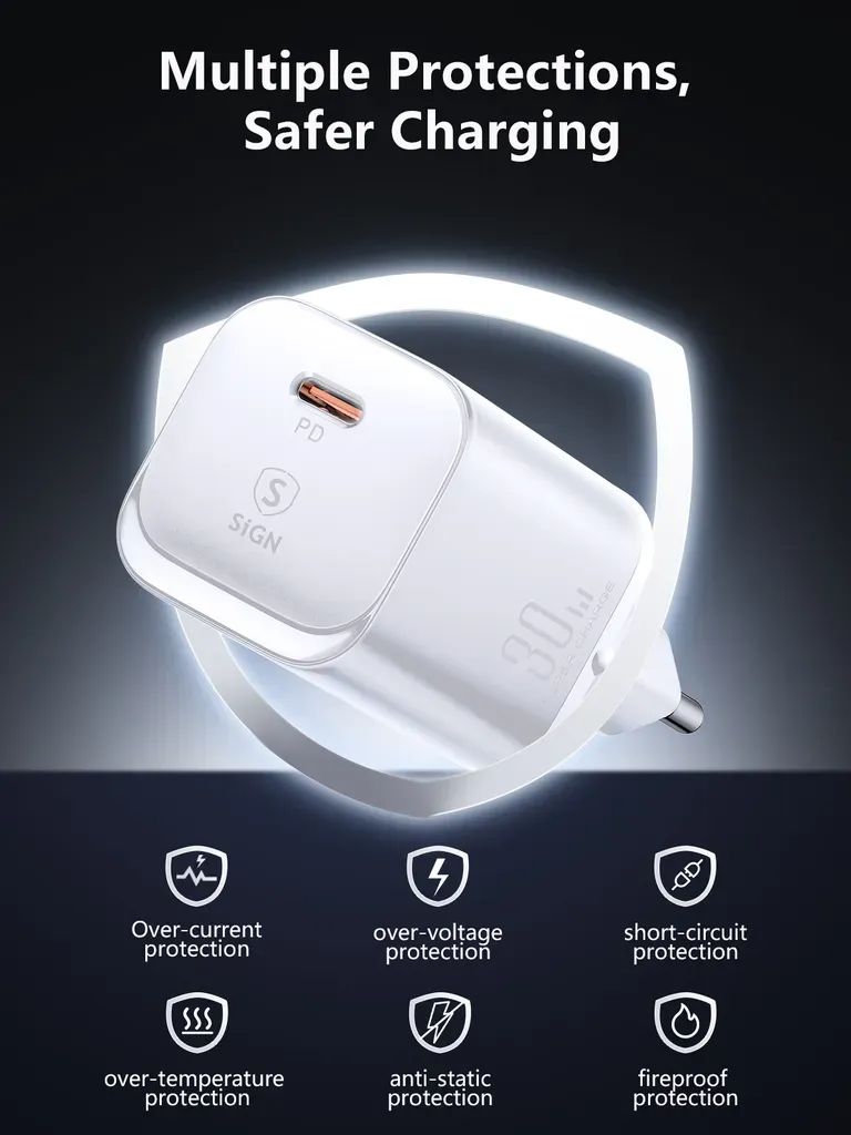 SiGN ekstrem hurtiglader for iPhone 18 Pro/18 Pro Max/iPhone Ultra 30W USB-C strømadapter + kabel 2m, 3A, 60W