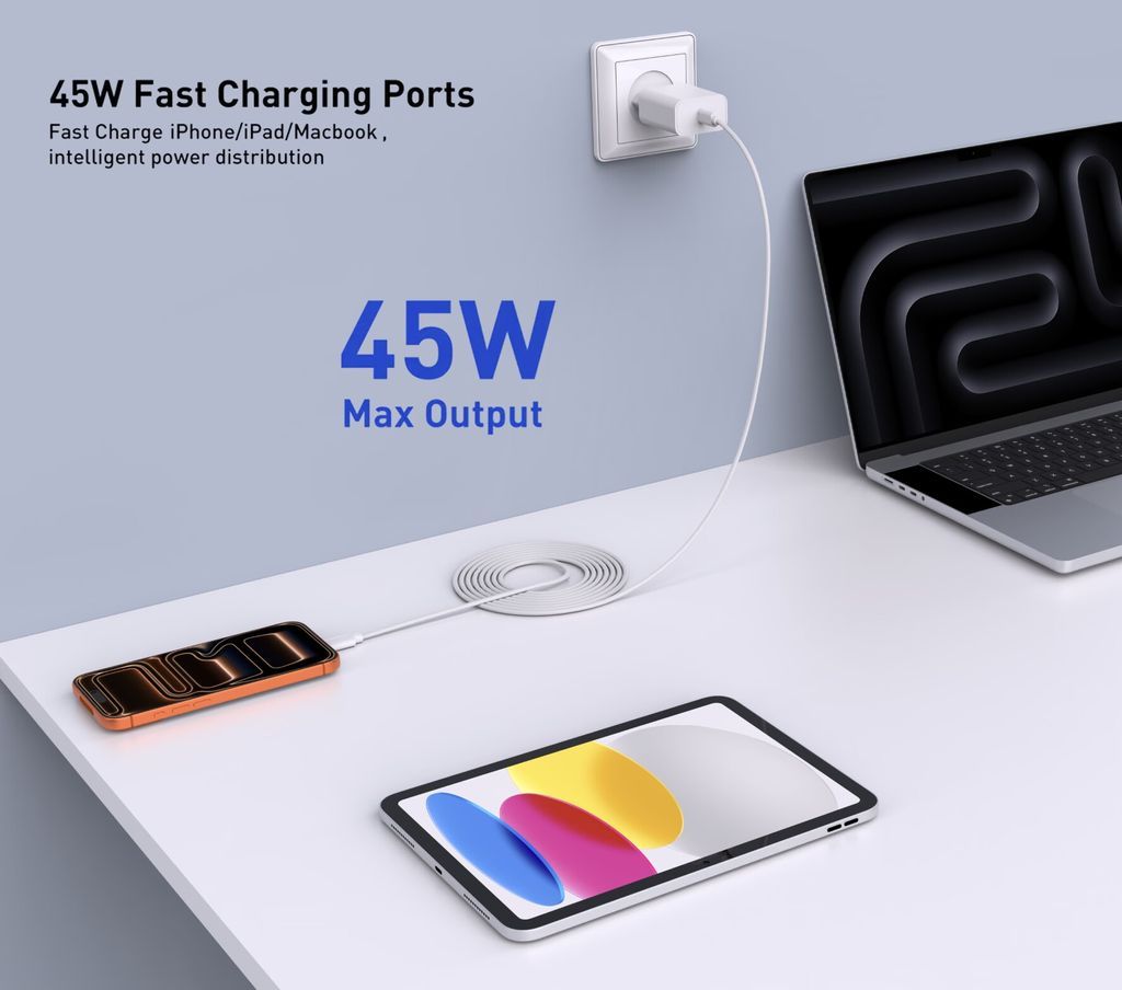 SiGN Kraftig Hurtiglader for iPhone 18 Pro, iPhone 18 Pro Max, iPhone Ultra 45W USB-C Strømadapter + Kabel 2m, 3A, 60W