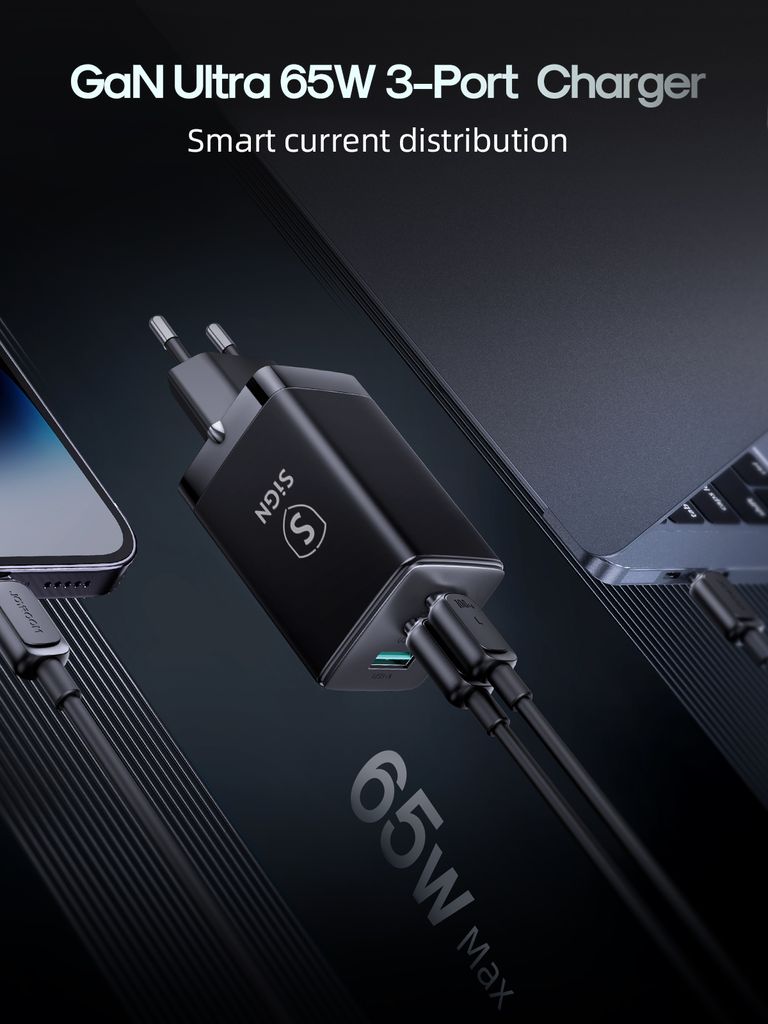 SiGN Hurtigoplader til iPhone, Samsung, bærbare computere 65W - Sort