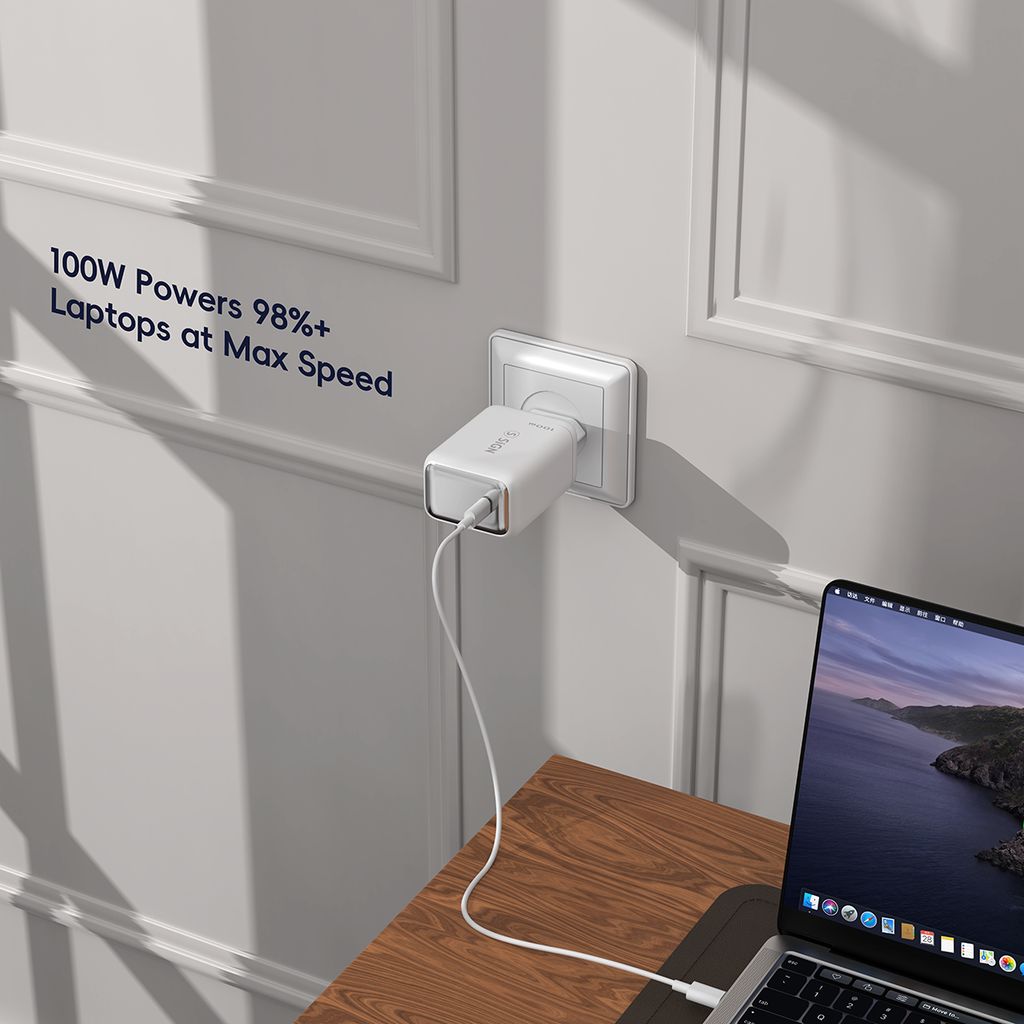 SiGN USB-C PD GaN Snabbladdare 100W + USB-C Kabel för MacBook/Lenovo/HP/ASUS/Acer - Vit