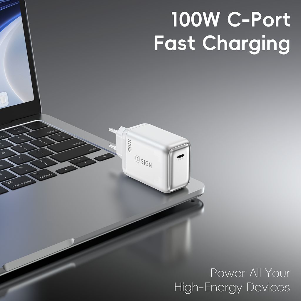 SiGN USB-C PD GaN Snabbladdare 100W + USB-C Kabel för MacBook/Lenovo/HP/ASUS/Acer - Vit