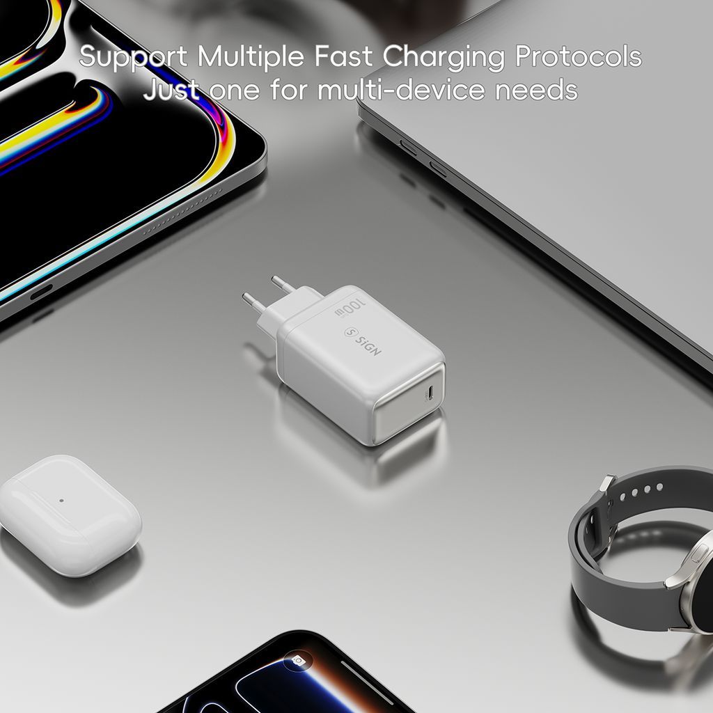 SiGN USB-C PD GaN Snabbladdare 100W + USB-C Kabel för OnePlus 10/11/12/13/15/Nord – Vit