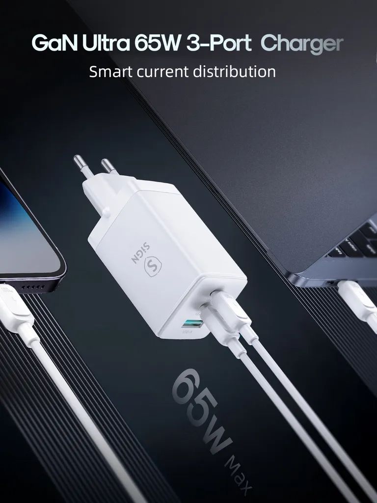 Ekstrem hurtigoplader til Samsung Galaxy S26 Ultra med USB-C-kabel 65W PD - Hvid