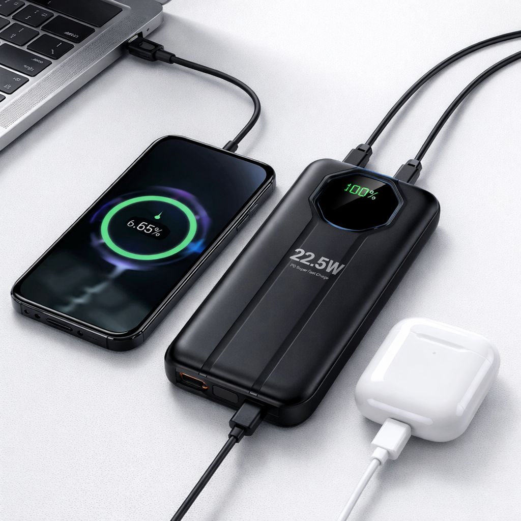 SiGN Kraftfull Powerbank med Inbyggd Kablar 22.5W, 10000mAh - Svart