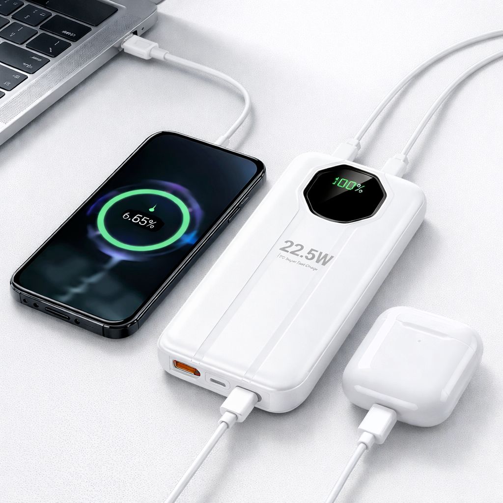 SiGN Tehokas Varavirtalähde Sisäänrakennetuilla Kaapeleilla 22.5W, 10000mAh - Valkoinen