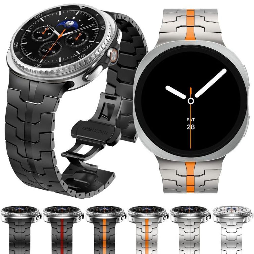 Samsung Galaxy Watch8/Watch8 Classic -kellonranneke ruostumattomasta teräksestä – musta/oranssi