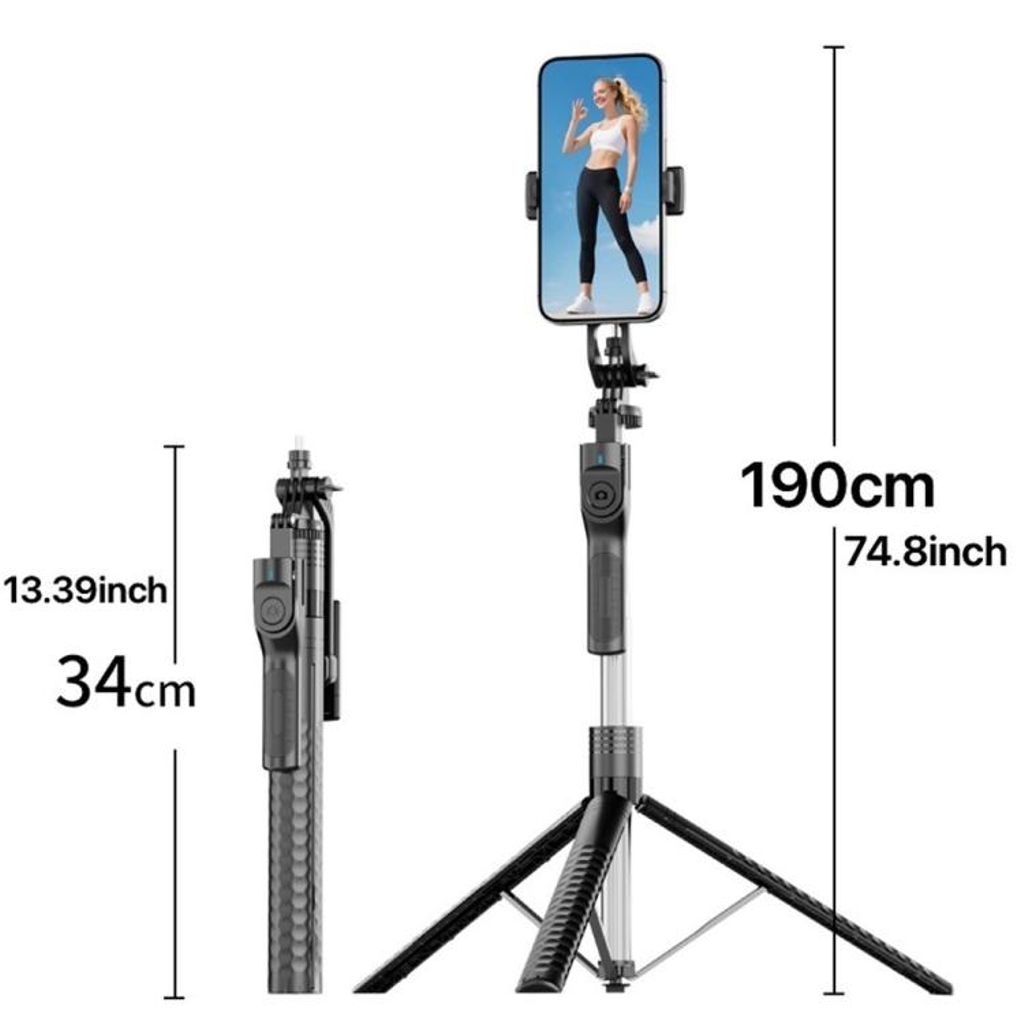 K50 Bluetooth Stativ / Selfiestick, 190cm – Svart