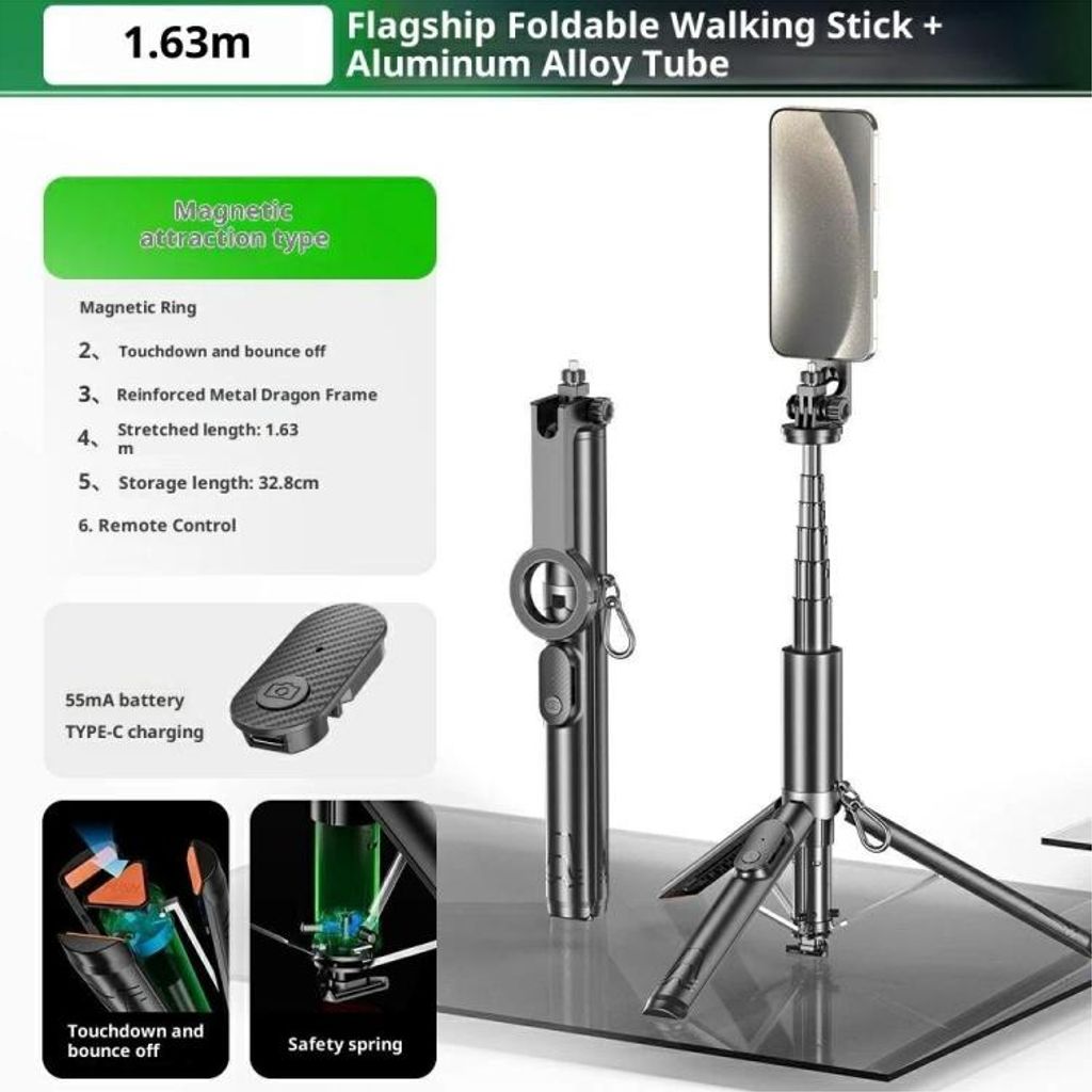 Magnetiskt selfiestativ till smartphones, 1.63m – Svart