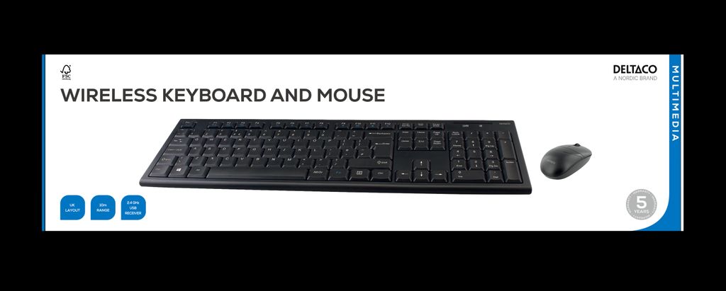 Deltaco trådløst tastatur og mus, Storbritannia – svart
