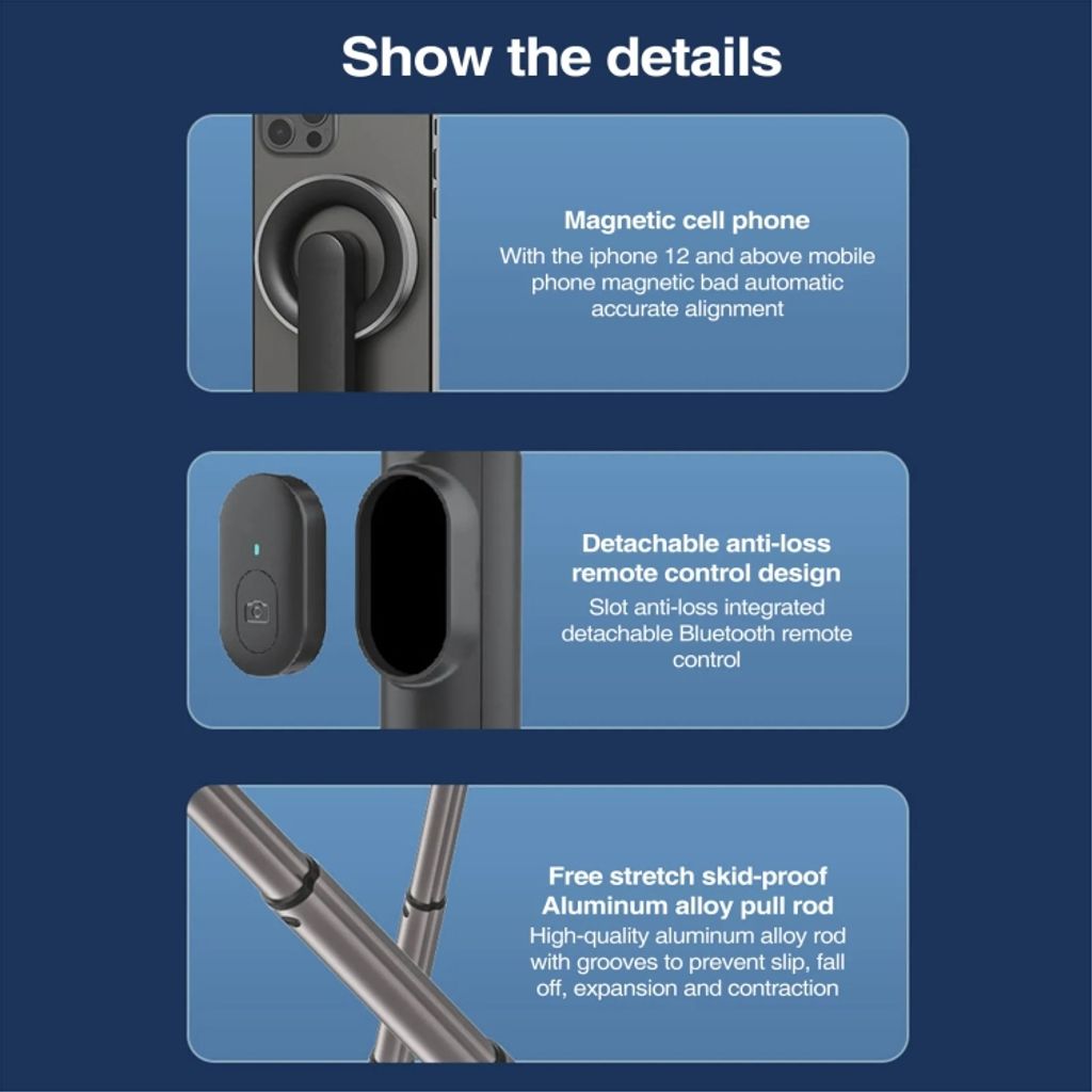 Magnetisk selfiepinne/tripod med fjärrkontroll, 61cm – Svart