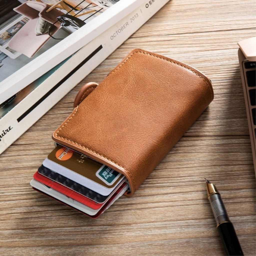 Automatisk pop-up metall RFID-kortholder – Brun