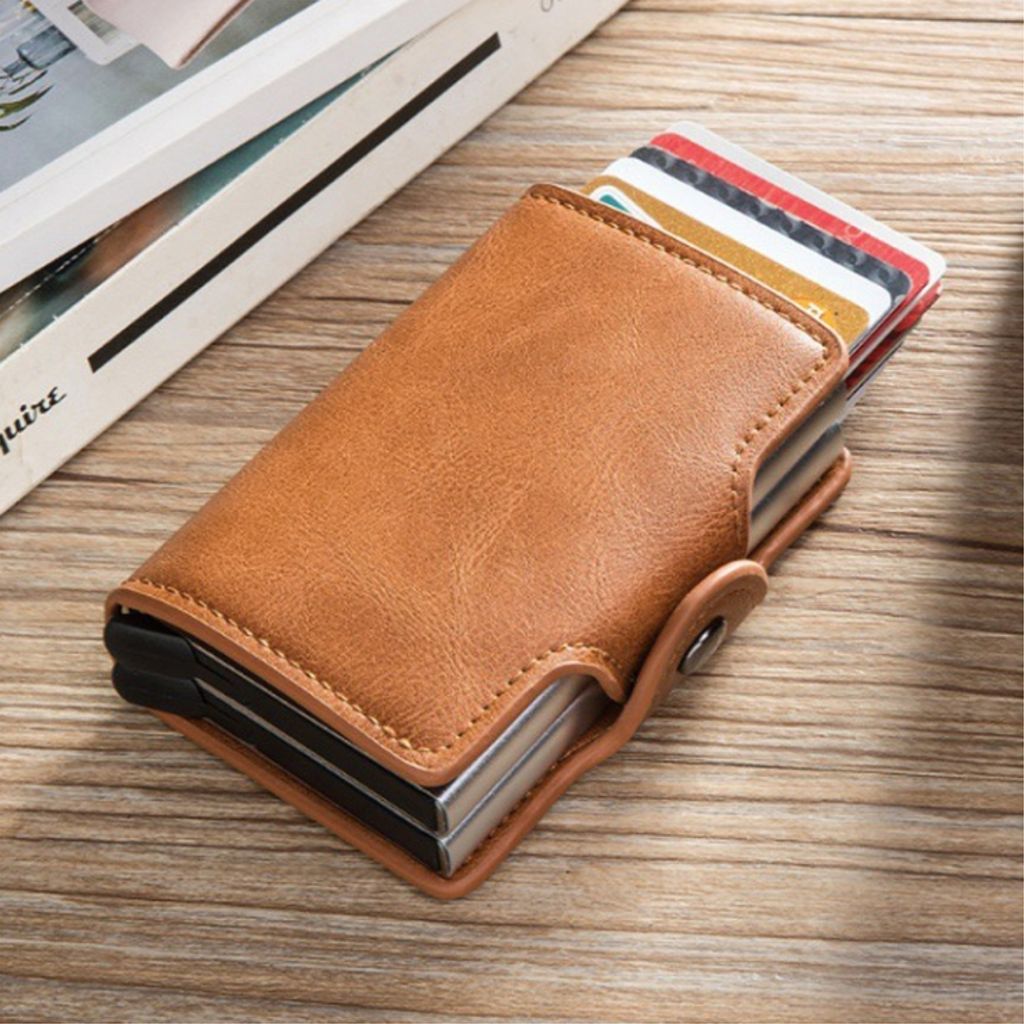 Automatisk pop-up metall RFID kortlommebok – Brun