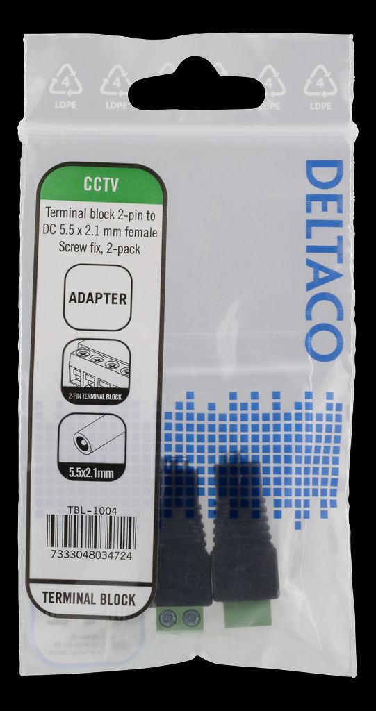 2-pin Terminal block to 5,5 DC, 2-pack (naaras), ruuvikiinnitys, musta