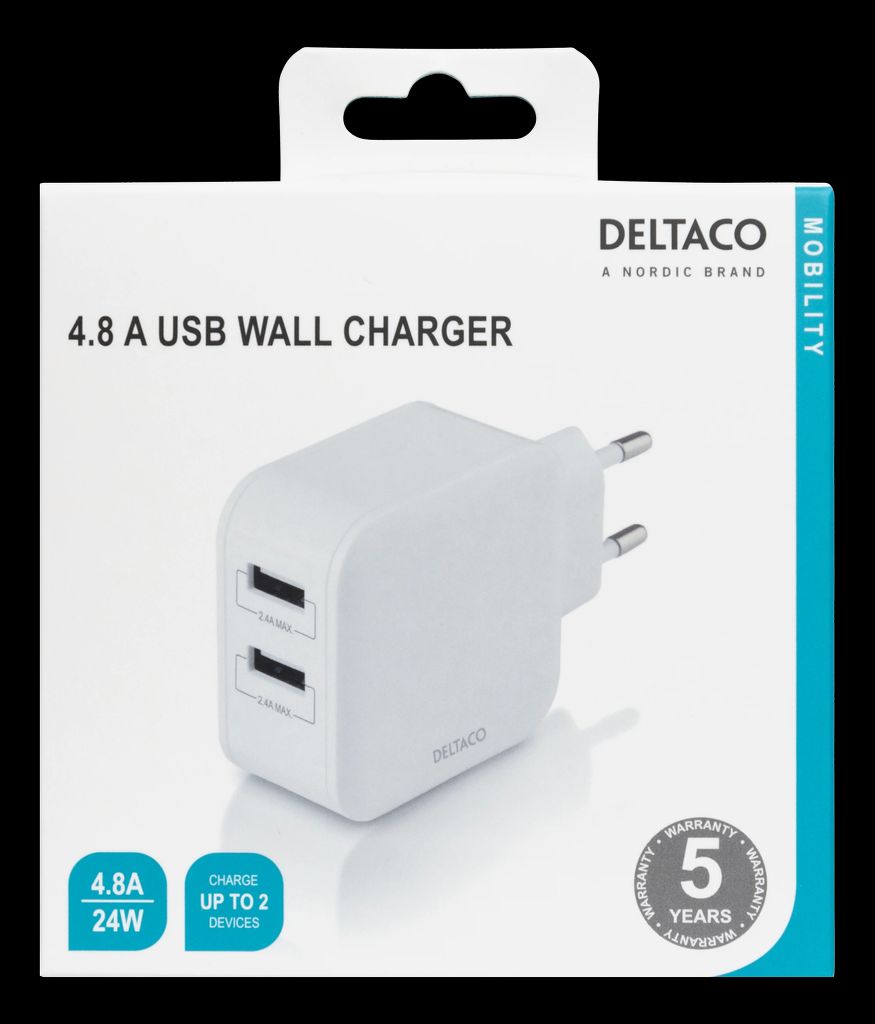 Deltaco Seinälaturi kahdella USB-A-portilla 24W - Valkoinen