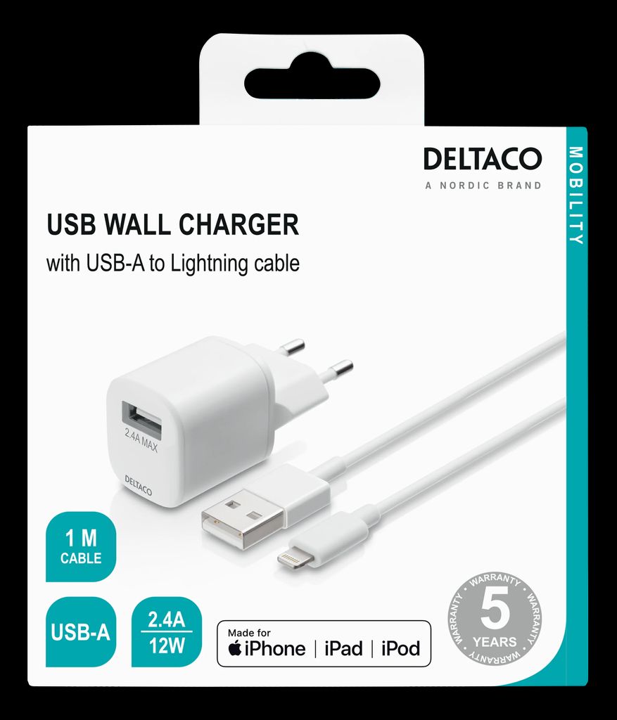 Deltaco-seinälaturi USB-A-Lightning-kaapelilla – valkoinen