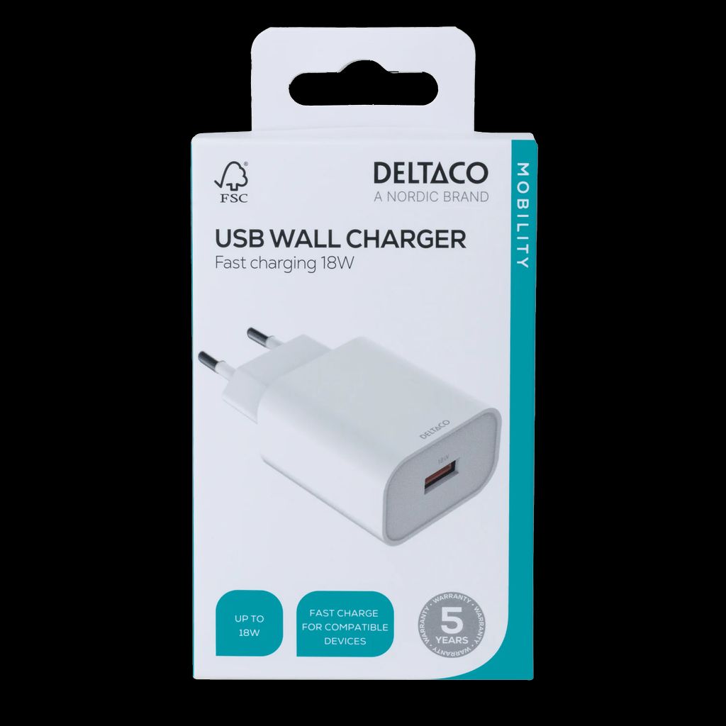 Deltaco USB väggladdare 18 W snabbladdning – vit