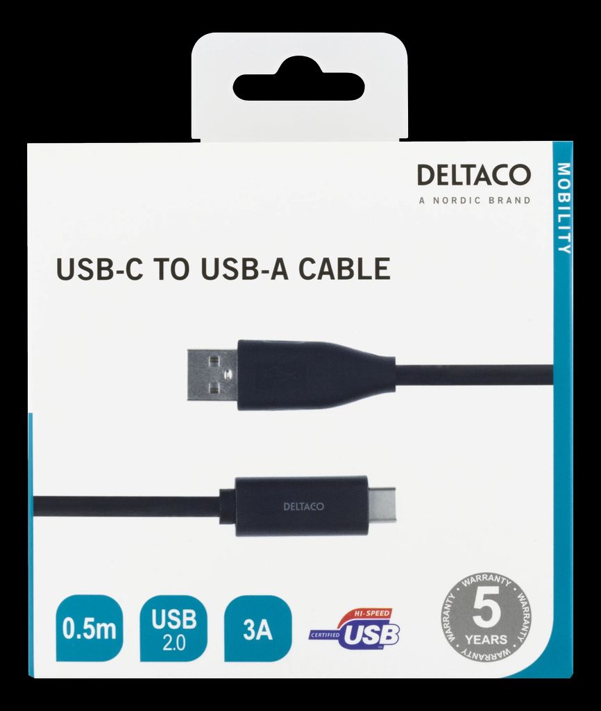 USB-C til USB-A kabel 0,5m 3A – svart