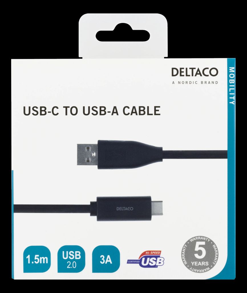 USB‑C til USB‑A-kabel, 1,5 m, 3A, USB 2.0 – svart