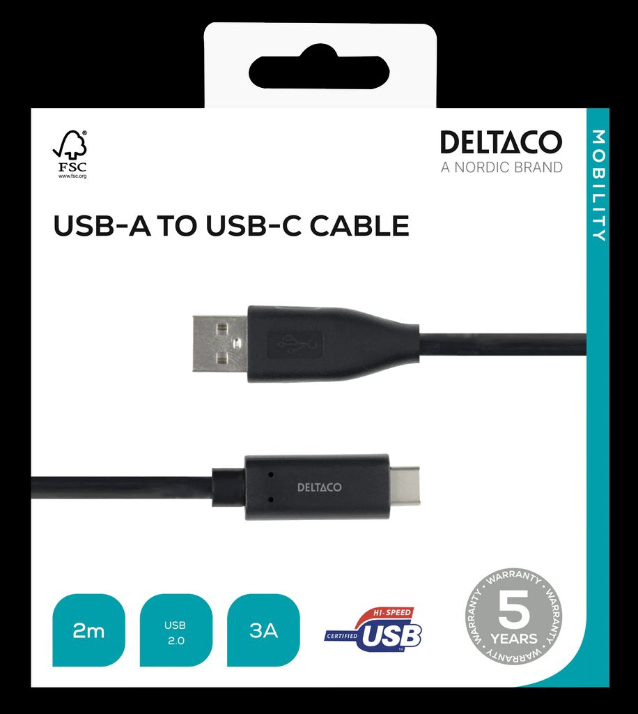 USB-C til USB-A kabel – 2m – 3A – USB 2.0 – Svart