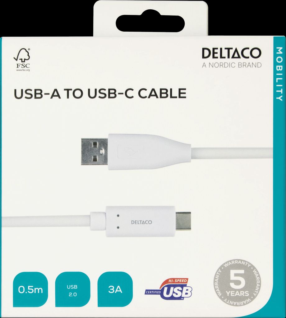 USB-C – USB-A -kaapeli, 0,5 m, 3A, USB 2.0, valkoinen
