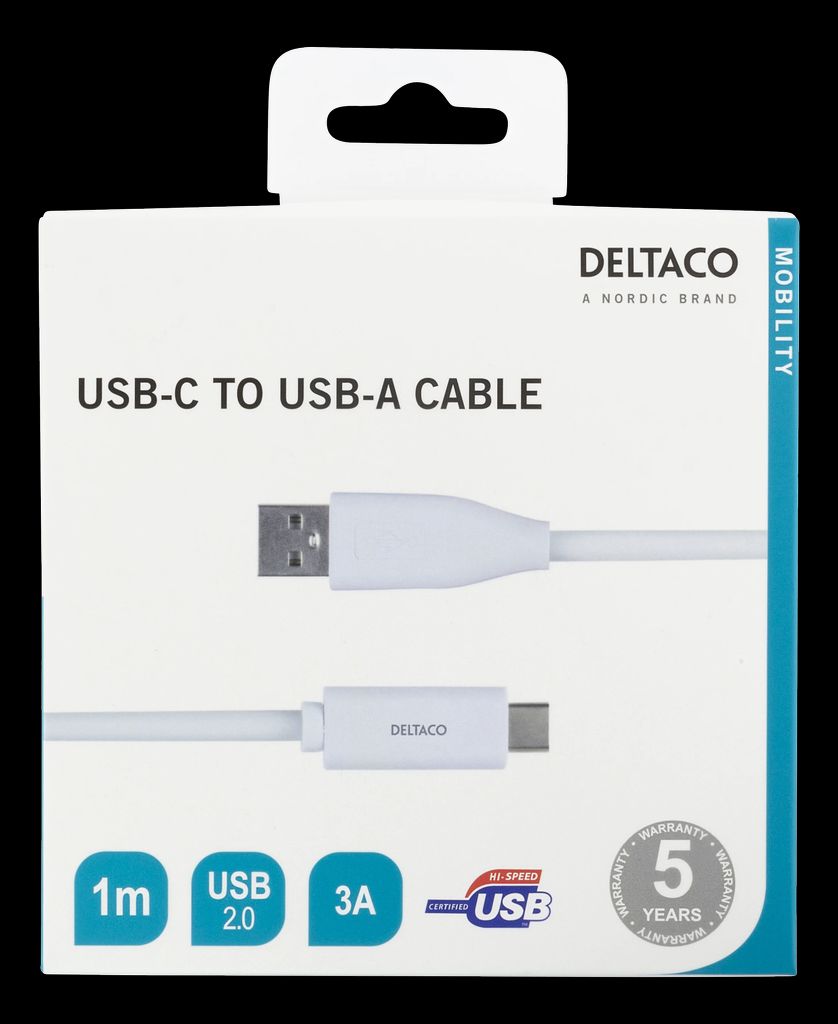 USB-C–USB-A-kaapeli, 1 m, 3A, USB 2.0, valkoinen