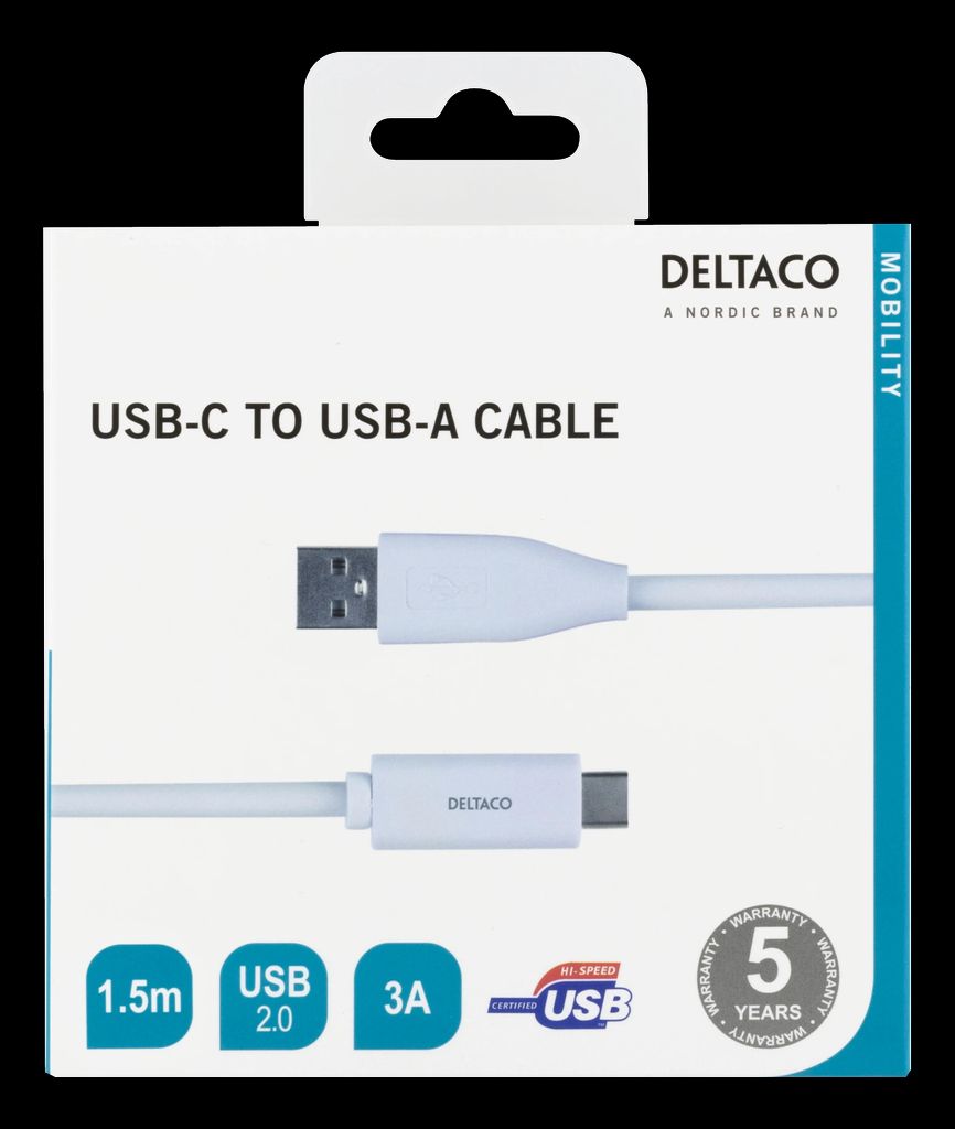 USB-C til USB-A kabel 1,5m 3A – hvit