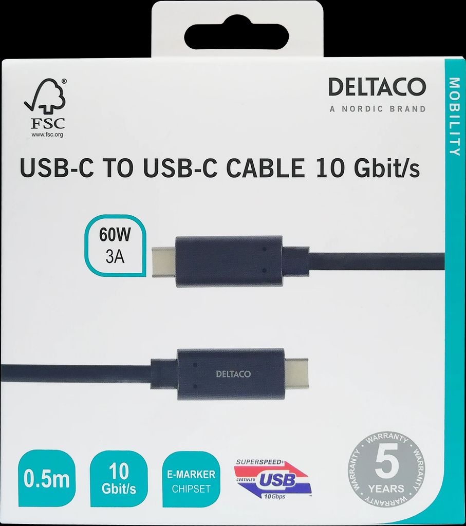 USB-C till USB-C-kabel 0,5 meter 60W PD 10Gbps svart