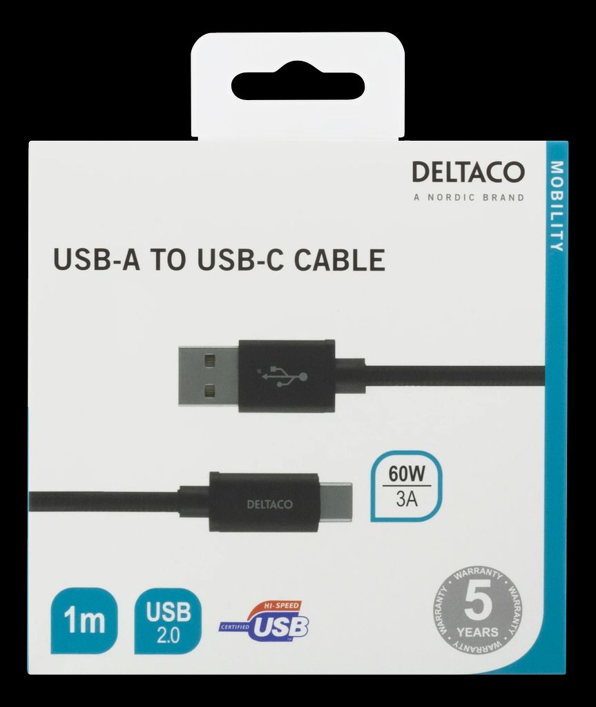 USB-A til USB-C-kabel 1m flettet svart