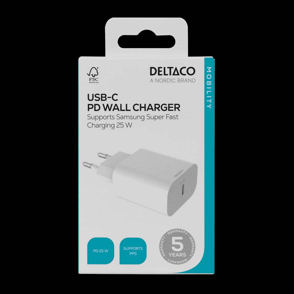 Deltaco Fast väggladdare USB-C 25 W – vit