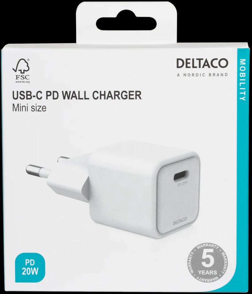 Deltaco USB-C mini-seinälaturi 20W – Valkoinen