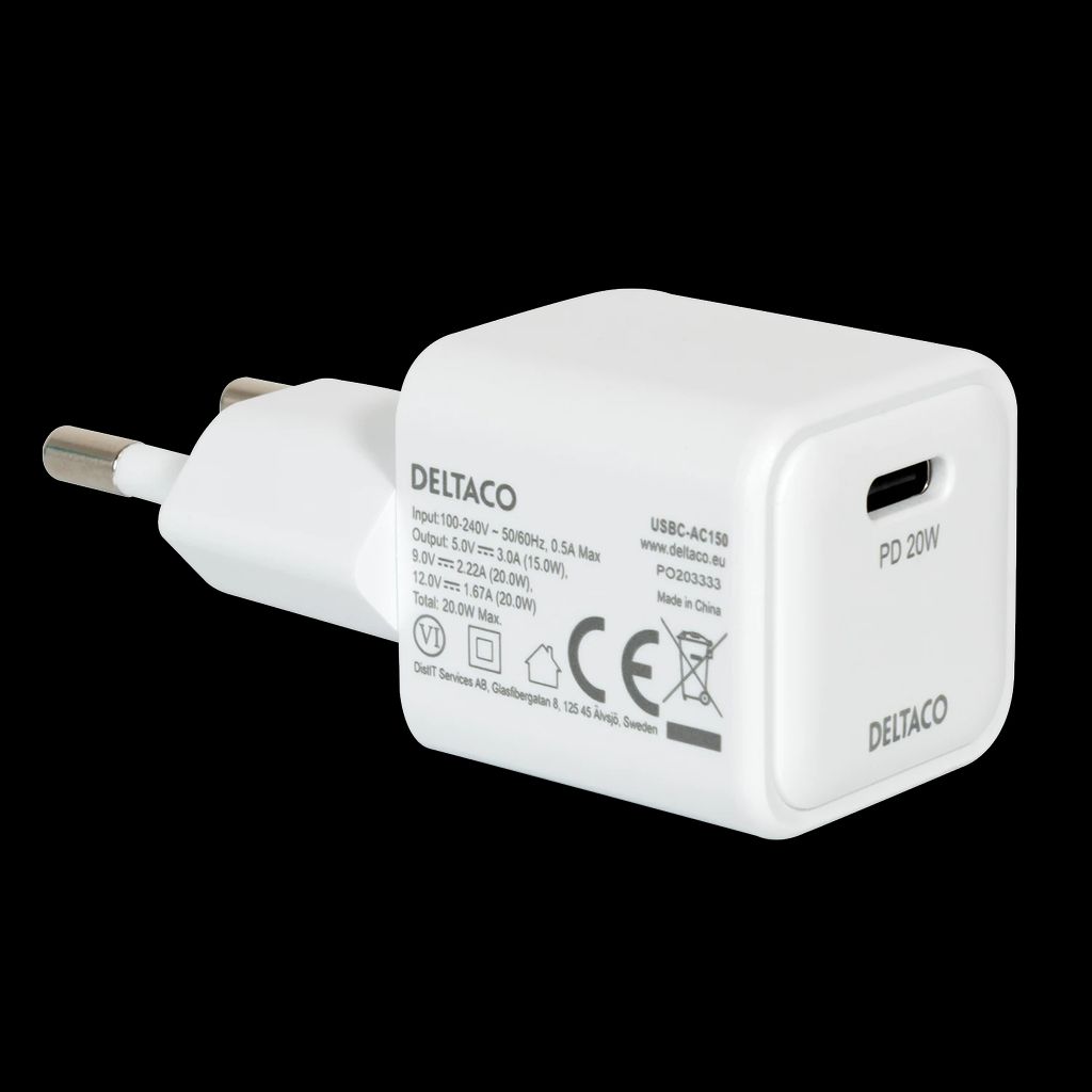Deltaco USB-C mini-seinälaturi 20W – Valkoinen
