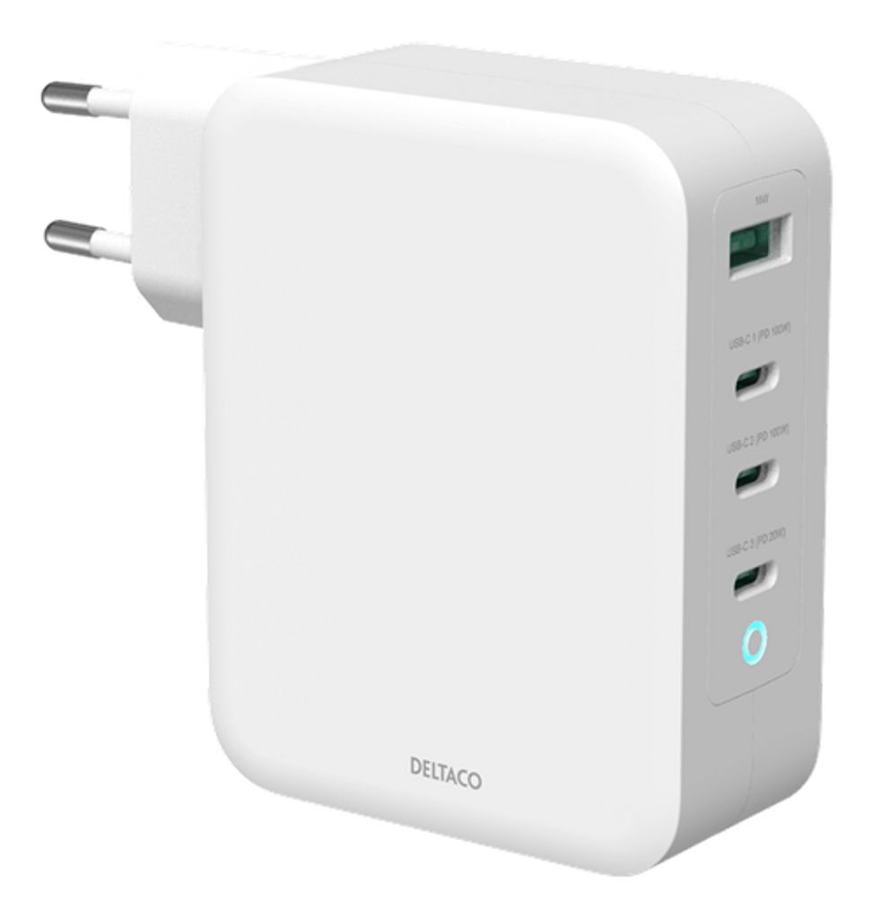 Deltaco Vegglader, 1xUSB-A, 3xUSB-C, 130W - Hvit