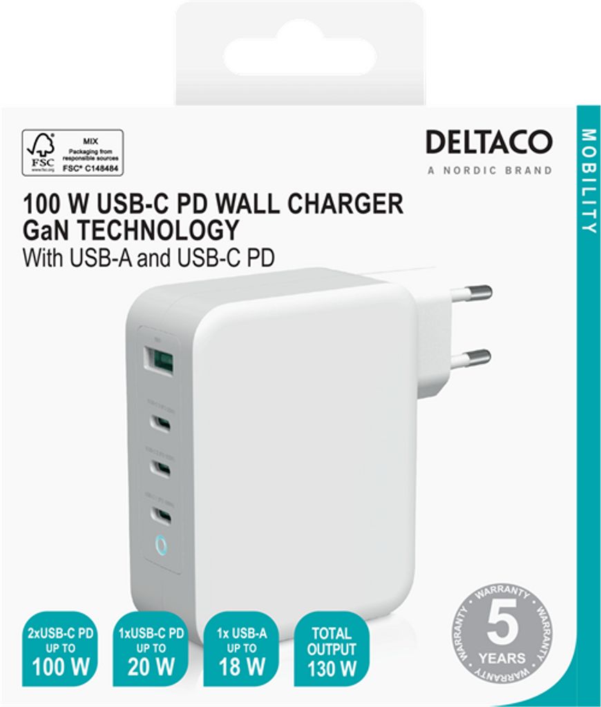 Deltaco Vegglader, 1xUSB-A, 3xUSB-C, 130W - Hvit